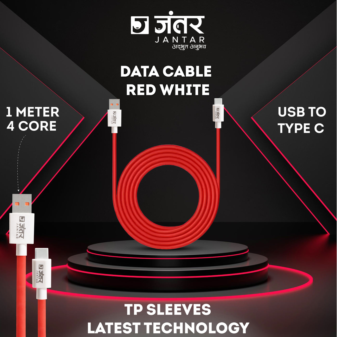 JANTAR USB to C Data Cable - Red & White Colour - Premium Quality
